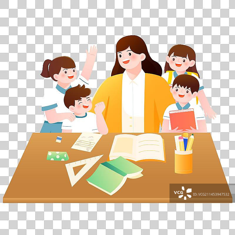 老师在课堂上辅导小学生学习矢量插画元素图片素材