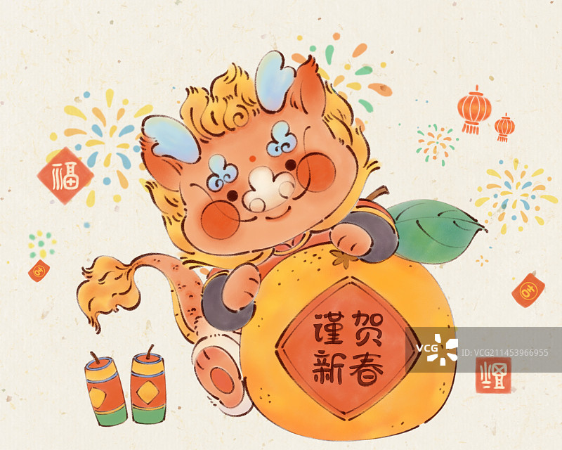 春节手绘龙年年俗中国风贺岁小龙插画图片素材