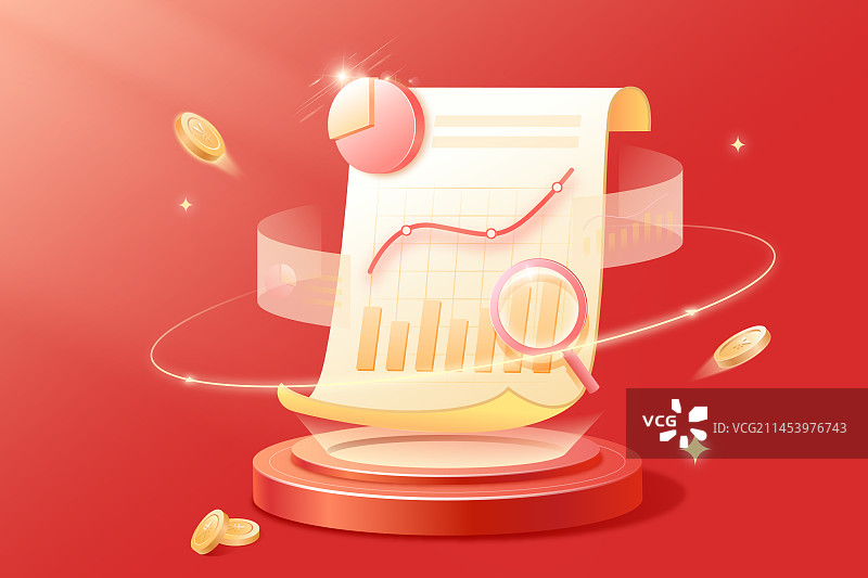 金融理财放大镜查看业绩账单柱状图和饼图上升走势图图片素材