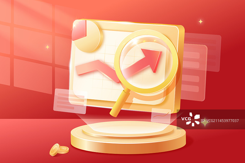 金融理财放大镜中的上涨箭头和饼图图表图片素材