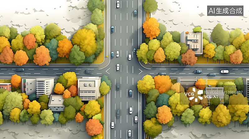 【AI数字艺术】秋天卡通公路景色插画图片素材