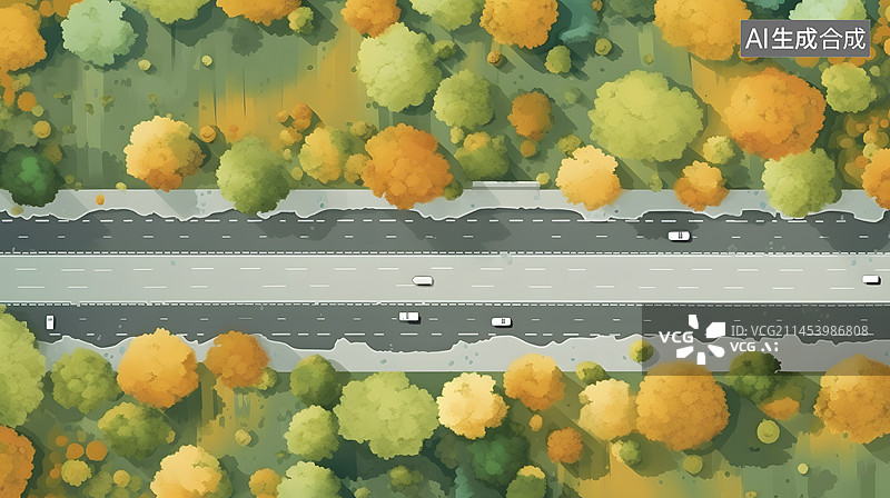 【AI数字艺术】秋天卡通公路景色插画图片素材