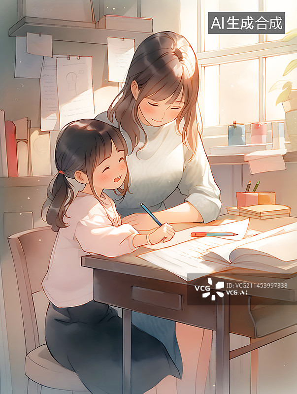 【AI数字艺术】妈妈辅导女儿做作业图片素材