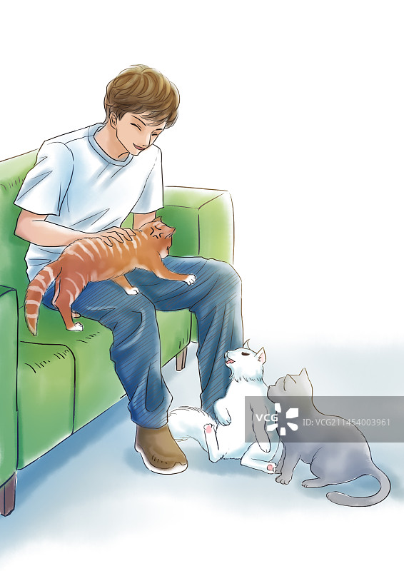 男孩和三只猫图片素材