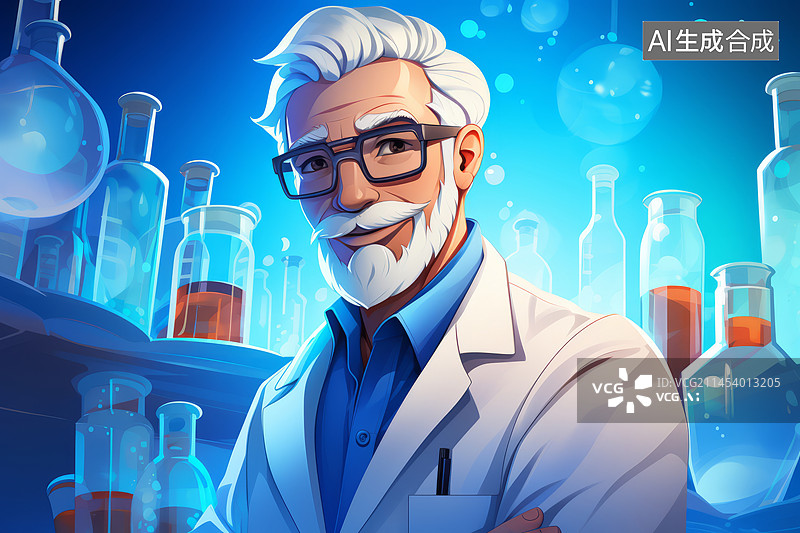 【AI数字艺术】实验室白发科学家插画图片素材