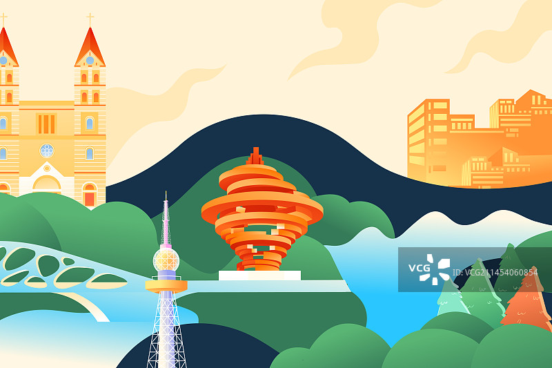 卡通国庆节庆祝活动党建小长假爱国祖国欢庆青岛建筑群亲子家人家庭旅游自然风景古建筑中国风渐变矢量插画图片素材