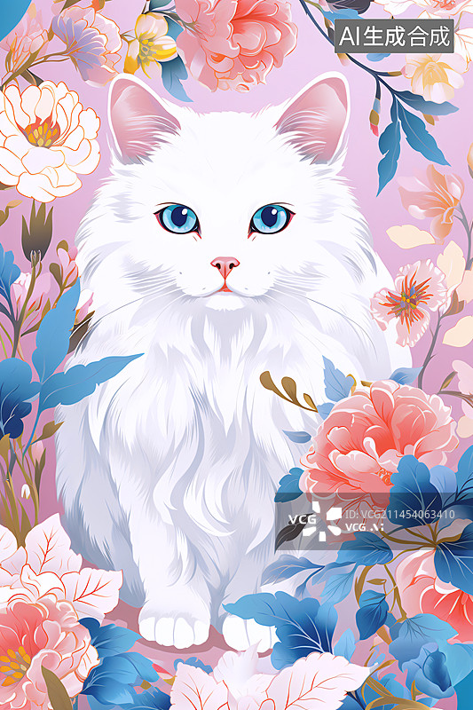 【AI数字艺术】布偶猫在花丛中的抽象几何插画图片素材