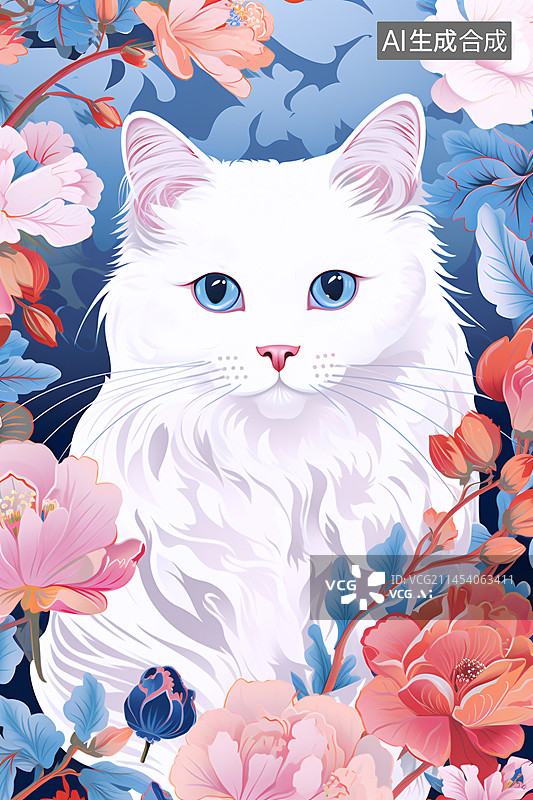 【AI数字艺术】布偶猫在花丛中的抽象几何插画图片素材
