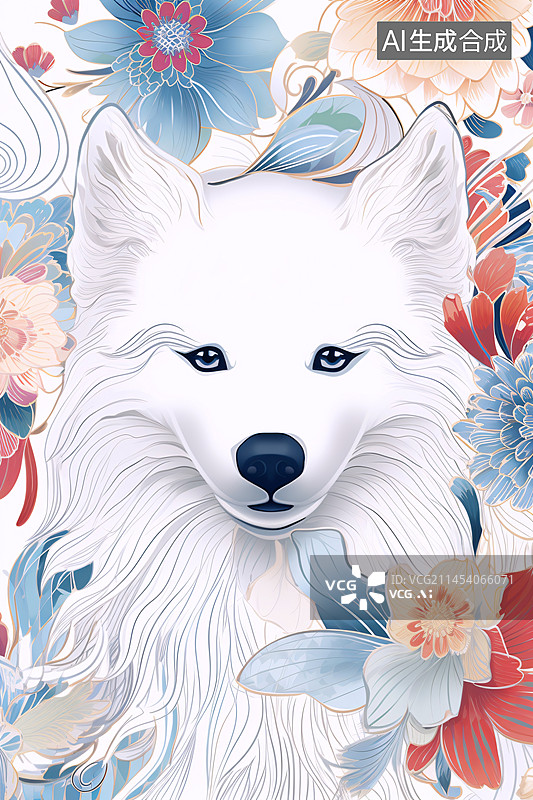 【AI数字艺术】白狐狸抽象花纹图案插画图片素材