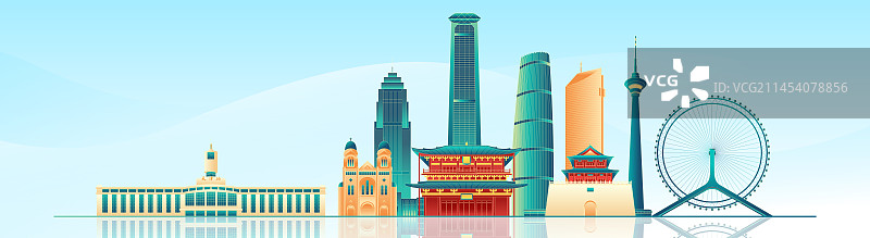 国风天津城市地标建筑彩色矢量插画海报图片素材