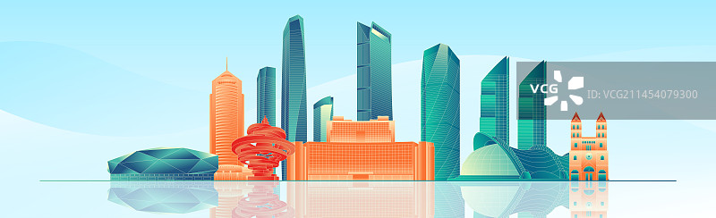 国风青岛城市地标建筑彩色矢量插画海报图片素材