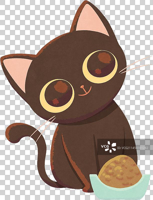 可爱歪头黑猫吃猫粮图片素材