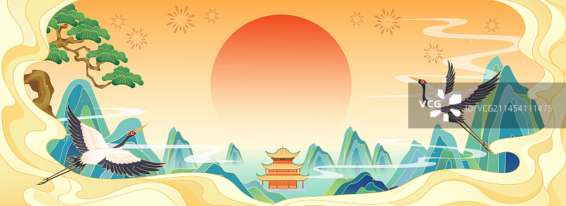 电商国潮风山水背景图片素材