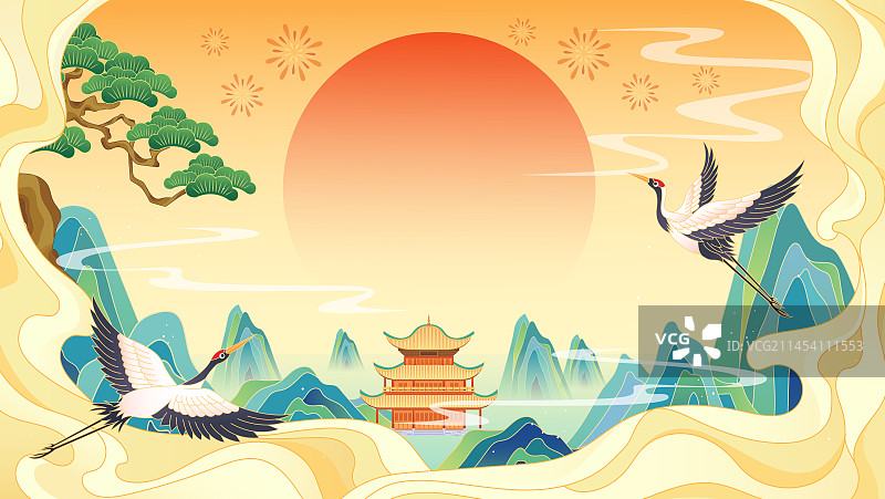 电商国潮风山水背景图片素材