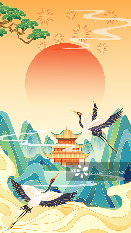 电商国潮风山水背景图片素材