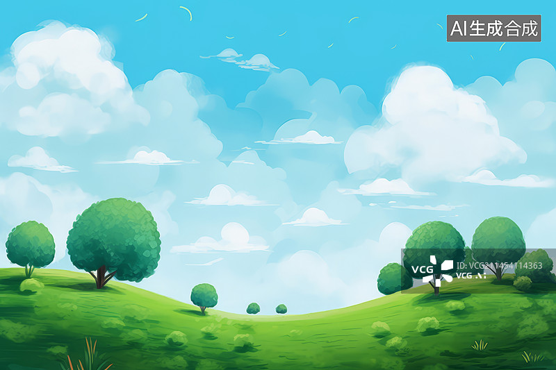 【AI数字艺术】绿色草地树木与蓝天白云插画背景图片素材