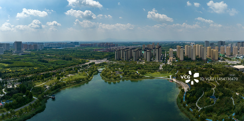 中国山东淄博市张店区齐盛湖风光航拍图片素材
