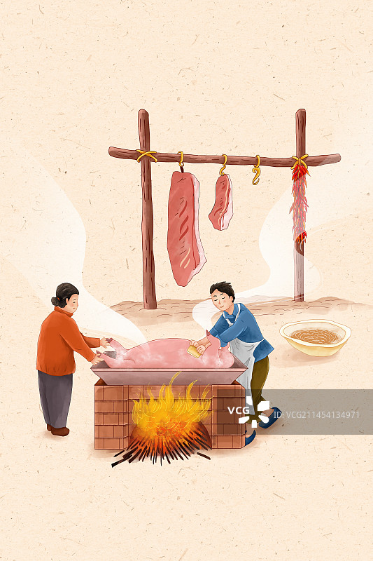 2024传统年俗腊月二十六杀猪割年肉图片素材