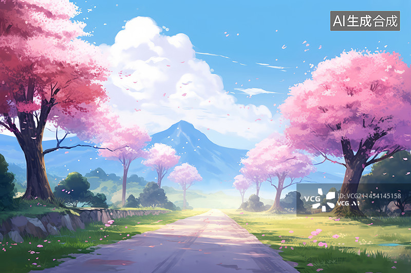 【AI数字艺术】春天风景樱花大道水彩画插画图片素材