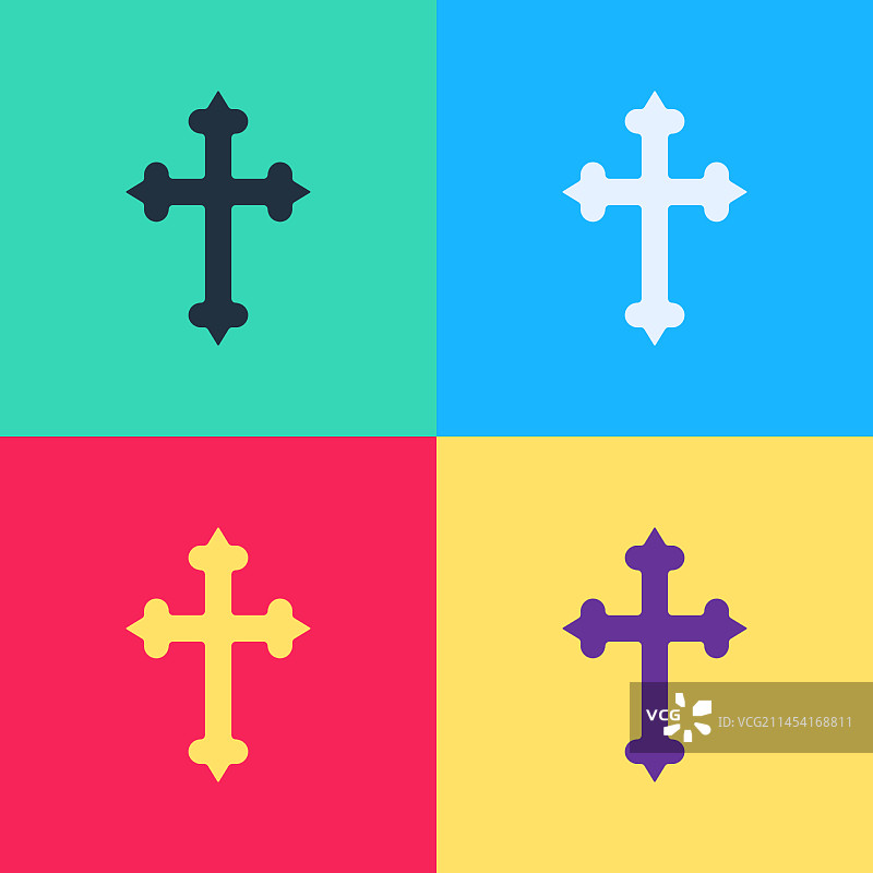 彩色背景上的波普艺术基督教十字架图标图片素材