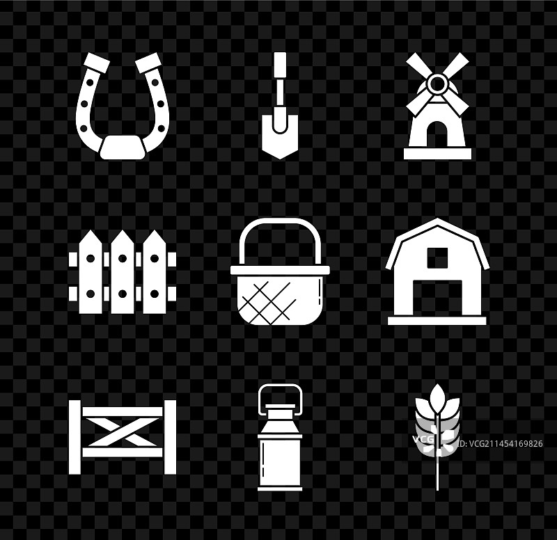 马蹄铁、铲子、风车、花园栅栏（木制）组合图片素材