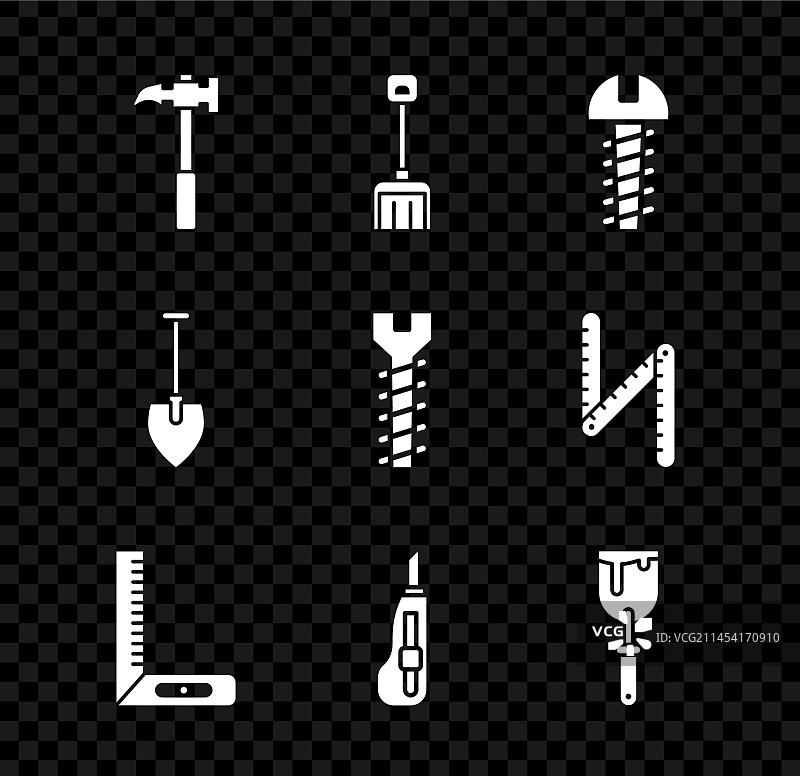 锤子、雪铲和金属螺丝组合图片素材