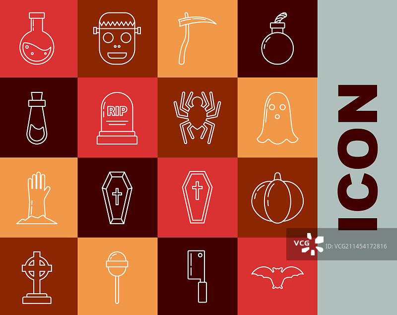 飞翔的蝙蝠、南瓜、幽灵、镰刀线条元素图片素材