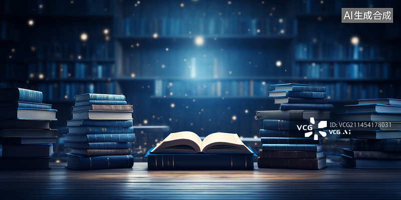 【AI数字艺术】书籍图书书架蓝色背景插画图片素材