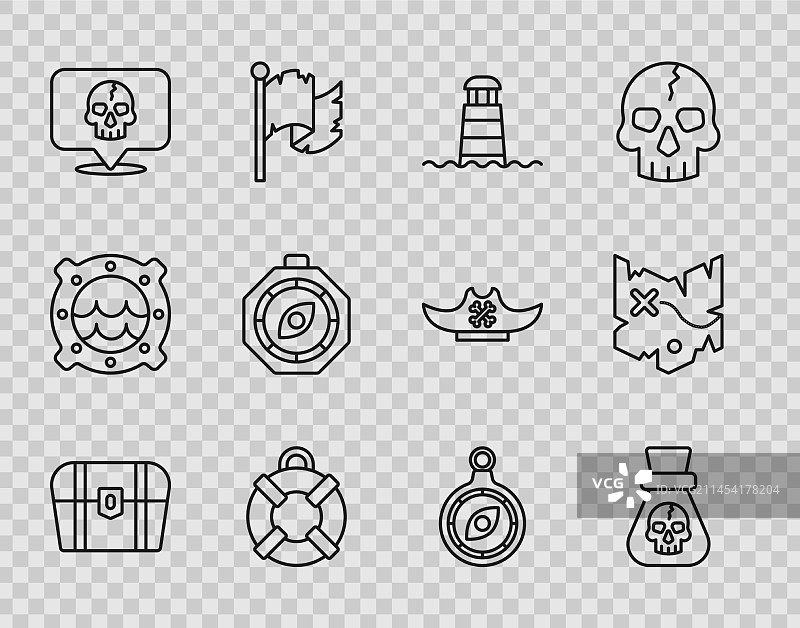 古董宝箱海盗金币线条图片素材