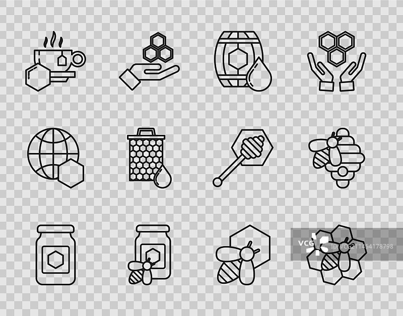 蜂蜜罐、蜜蜂和蜂窝木线条图片素材