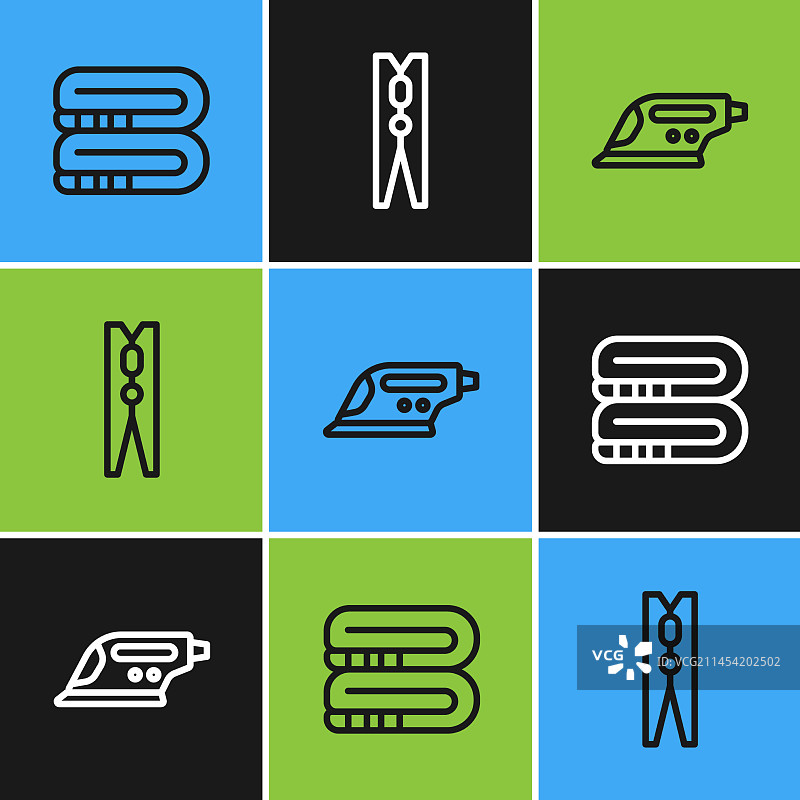 晾衣架上的毛巾、叠好的衣服和电熨斗图片素材