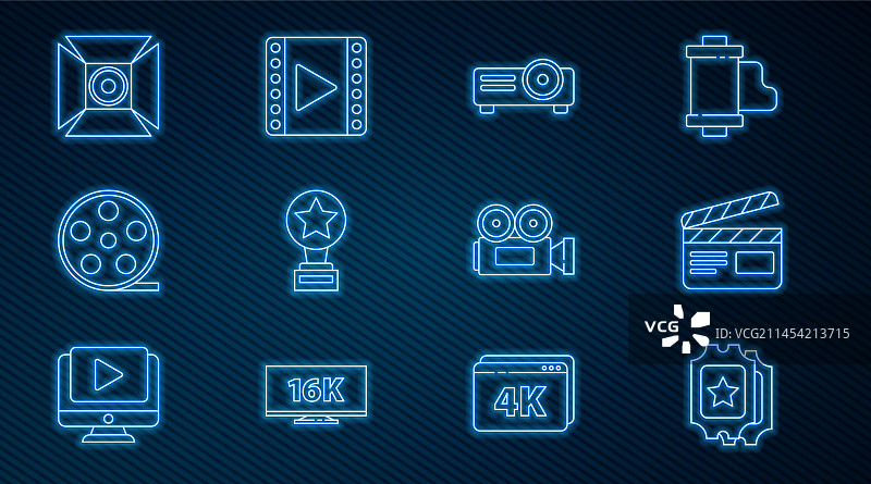 电影票、电影场记板和胶片线条图标图片素材