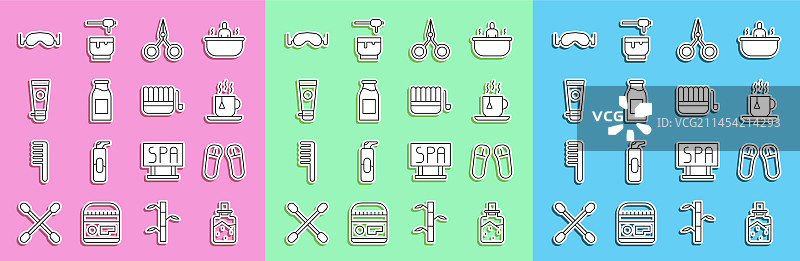 浴盐拖鞋茶包茶杯线性图标图片素材