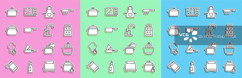 线条烹饪锅、柑橘榨汁机、磨碎器图片素材