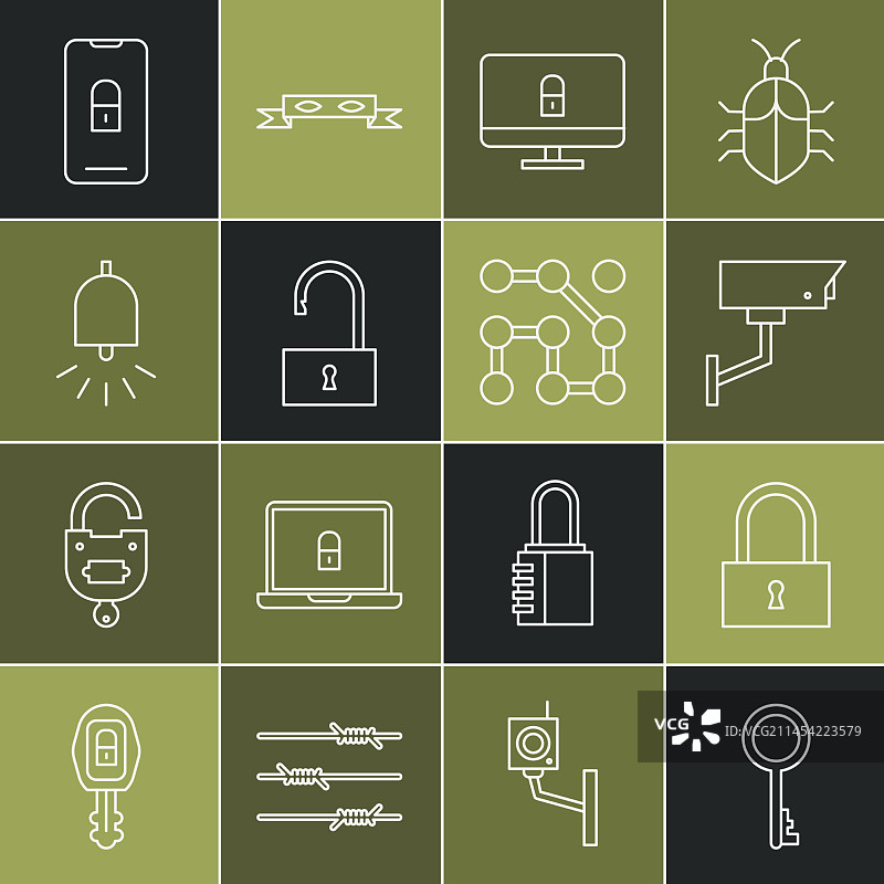 旧钥匙锁电脑上的安全摄像头组合图片素材