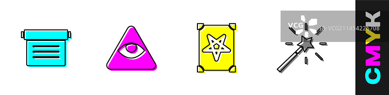 古代魔法书、泥瓦匠和魔法棒图标图片素材