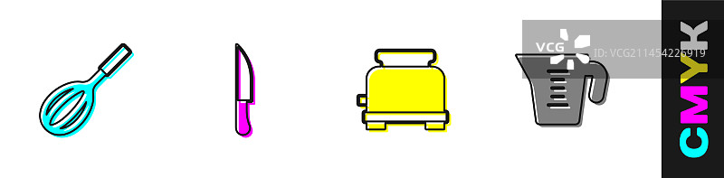 厨房用具：打蛋器、刀、烤面包机和量杯图片素材