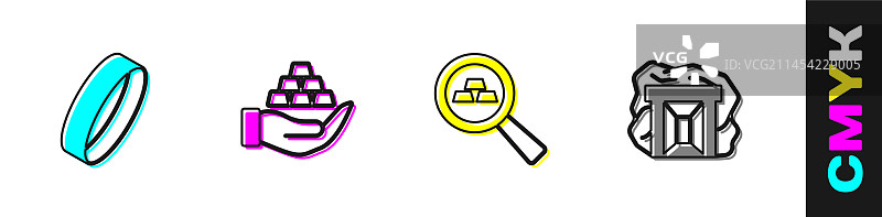 金色戒指、金条、手和矿山图标图片素材