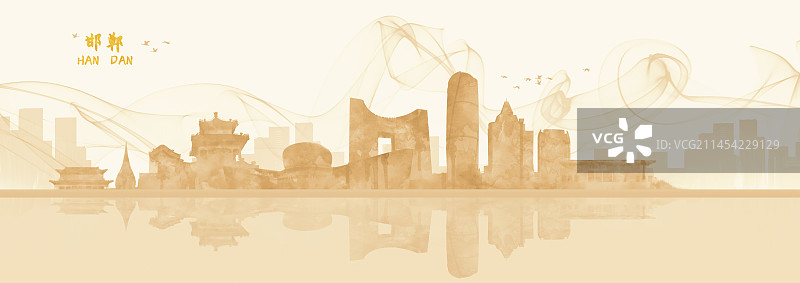 手绘邯郸城市建筑背景插画图片素材
