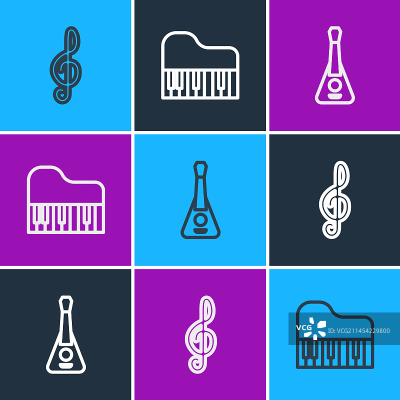 高音谱号、吉他和三角钢琴图标图片素材