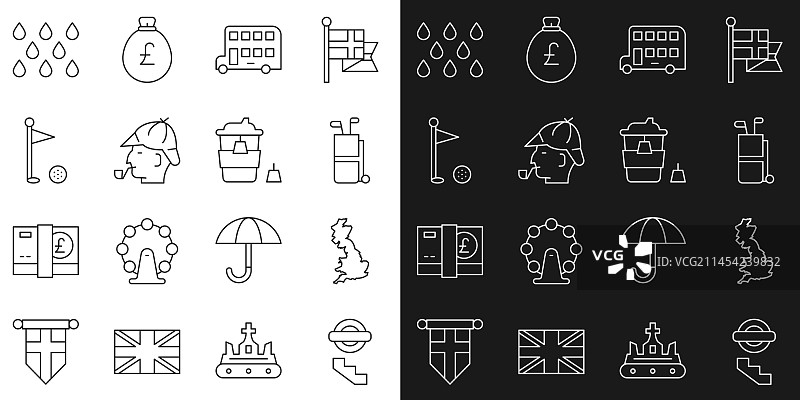 伦敦地铁、英国地图和高尔夫球包线条组合图片素材