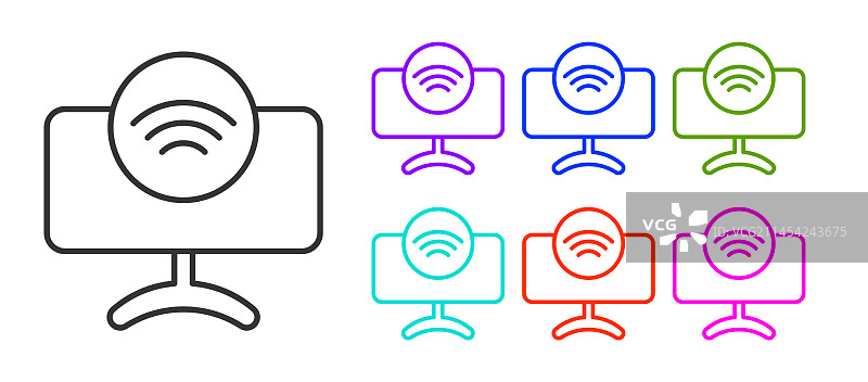 黑色线条智能电视系统图标，白色背景隔离图片素材