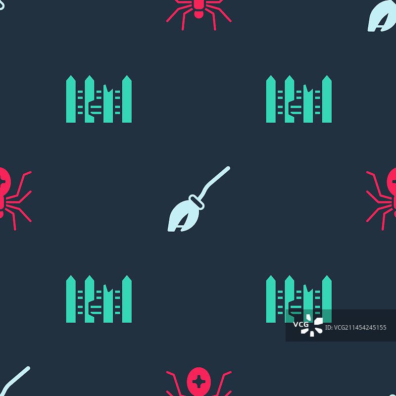 女巫扫帚和木制花园栅栏蜘蛛套装图片素材