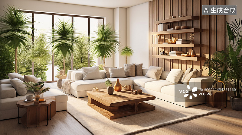 【AI数字艺术】现代住宅的宽敞客厅设计，摆放着沙发、茶几、装饰画等。图片素材