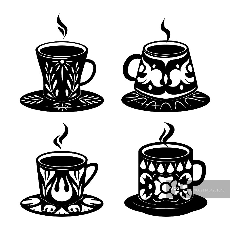 手绘咖啡杯剪影图案合集图片素材