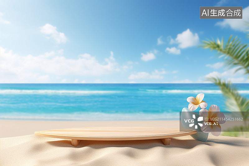 【AI数字艺术】夏日主题海边创意沙滩产品展台背景图片素材