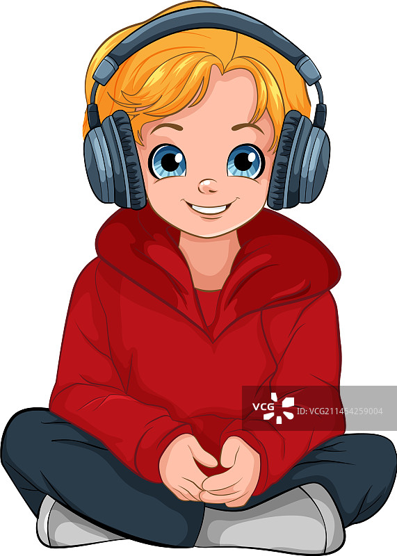 男孩坐在地板上听音乐图片素材