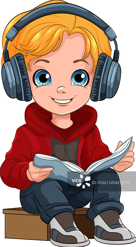 戴耳机看书的男孩图片素材