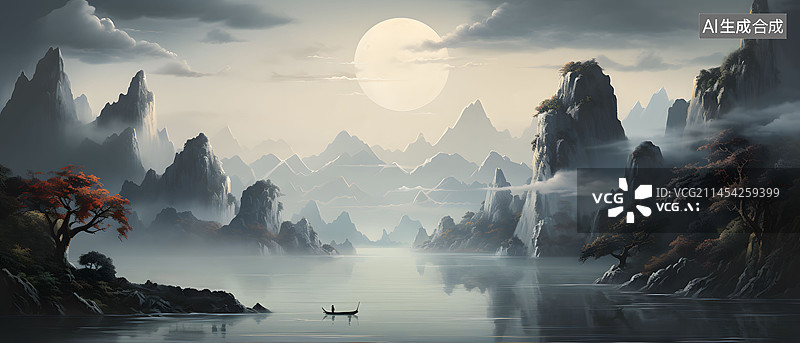 【AI数字艺术】中国风山水水墨画风景插画图片素材