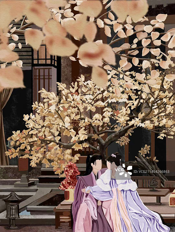 古风传统庭院情插画图片素材